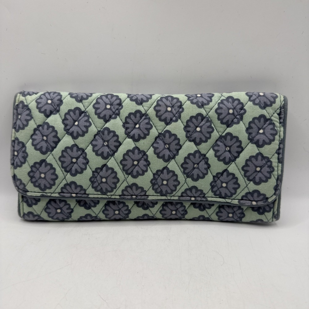 Vera Bradley Womens Cotton Tri-fold Wallet Teal Floral Full Size 8.5"x4" Retired - Picture 5 of 13